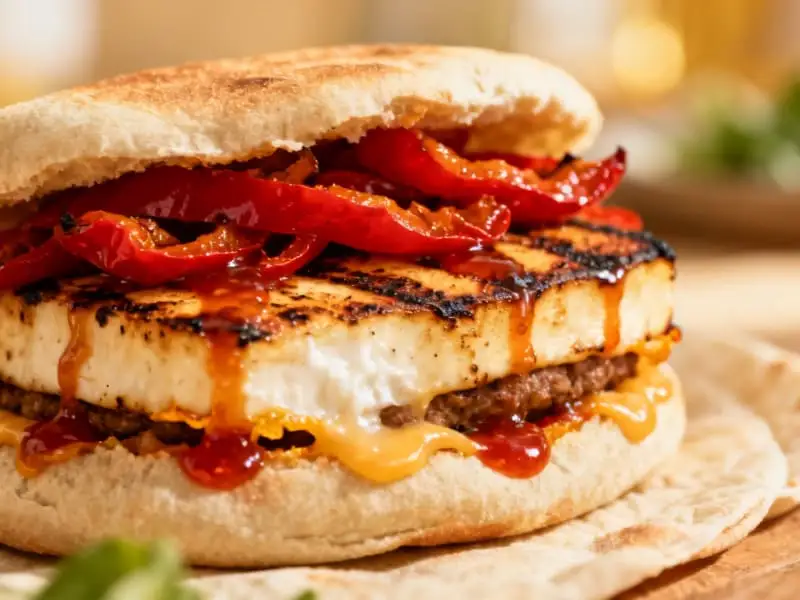 Grilled halloumi and roasted pepper pitta with sweet chilli glaze