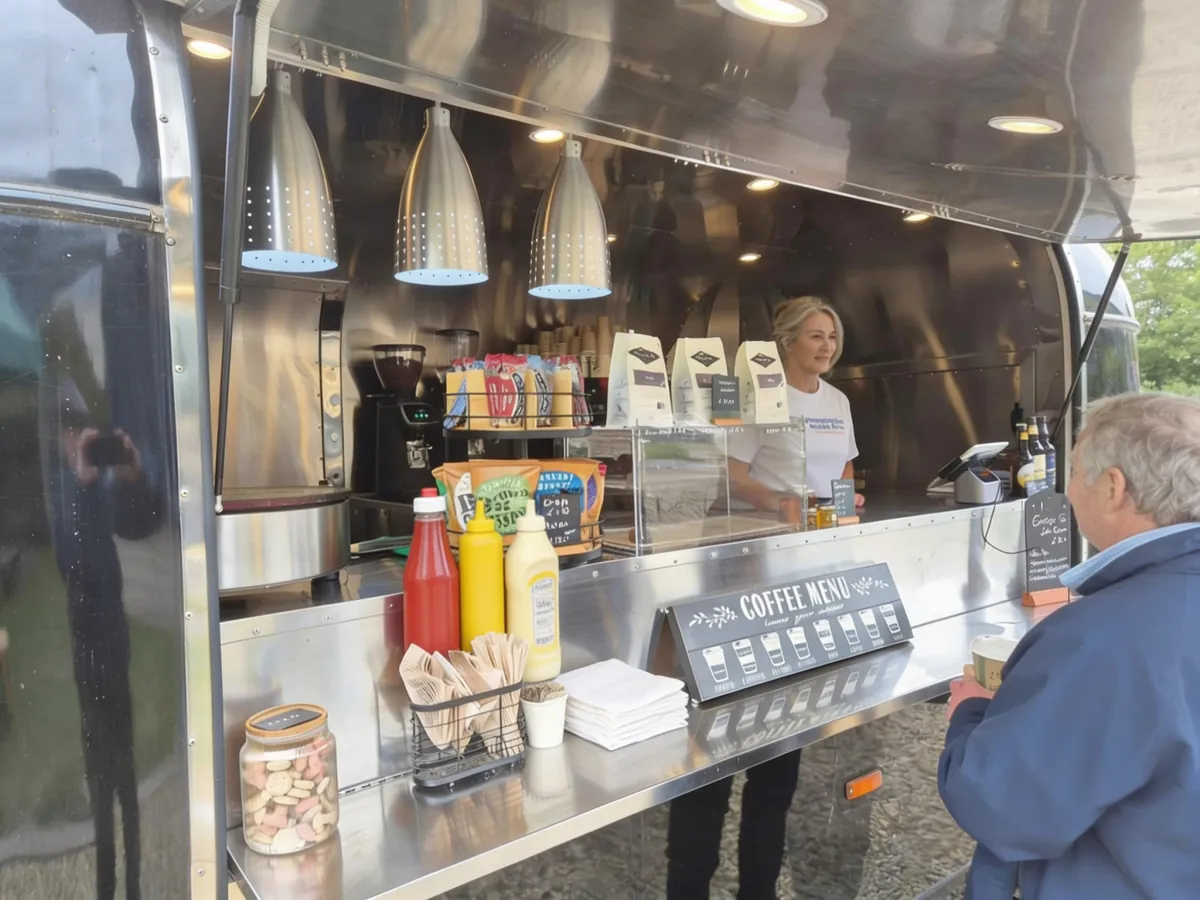 PremierPlus catering trailer serving hatch with coffee station and fresh food
