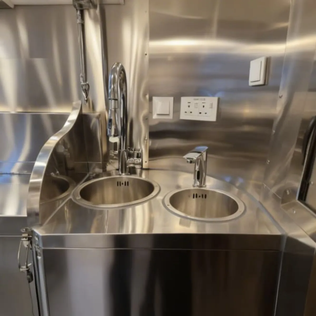 Stainless steel double sink and wooden countertops inside the catering van